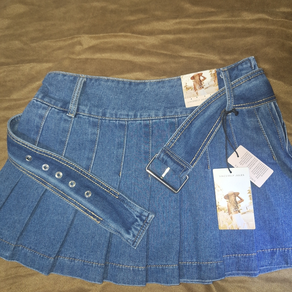 Sincerely Jules Denim Pleated Mini Skirt with Belt - Blue